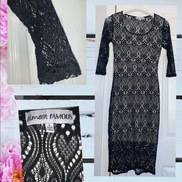 Almost Famous Black Midi Dress with Tan Silk slip - Picture 1 of 6